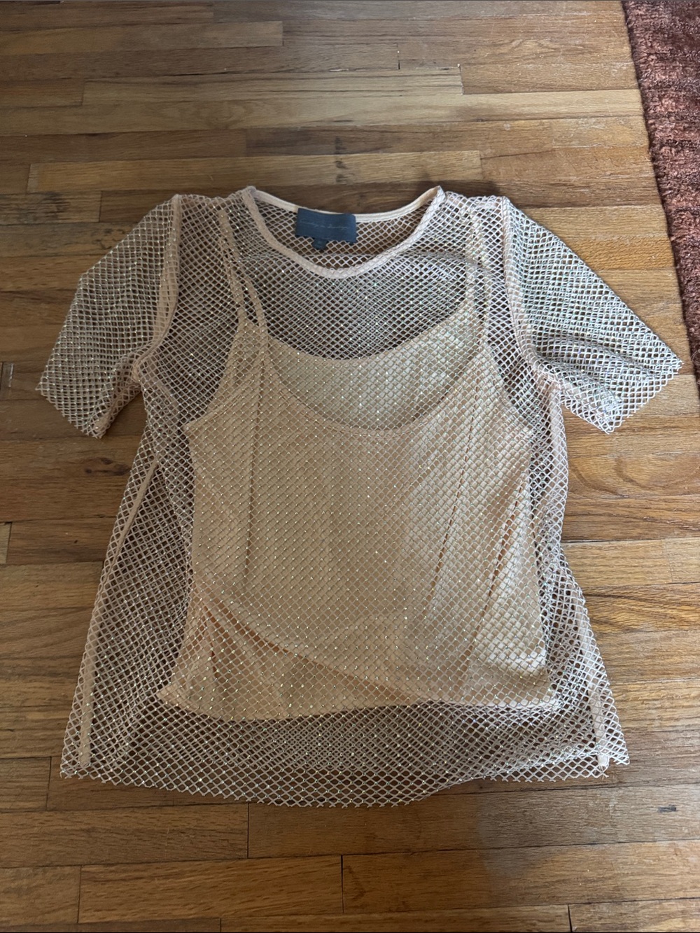 Sunday in Brooklyn Cream Mesh sequined Short-Sleeve Top with tank inside